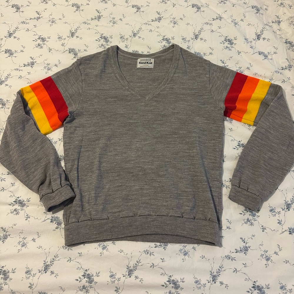 Vintage 70s / 80s Gray V-Neck Sweater with Rainbow Striped Sleeves, Large